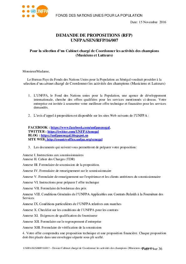 DEMANDE DE PROPOSITIONS (RFP) UNFPA/SEN/RFP/16/007 Pour la sélection d’un Cabinet chargé de Coordonner les activités des champions (Musiciens et Lutteurs) RELATIFS À LA FOURNITURE DE SERVICES