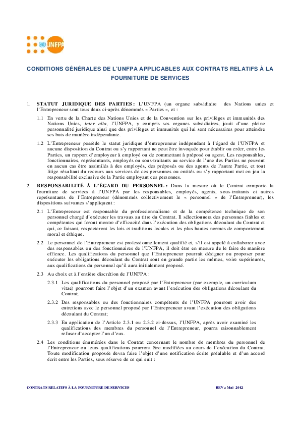 CONDITIONS GÉNÉRALES DE L’UNFPA APPLICABLES AUX CONTRATS RELATIFS À LA FOURNITURE DE SERVICES